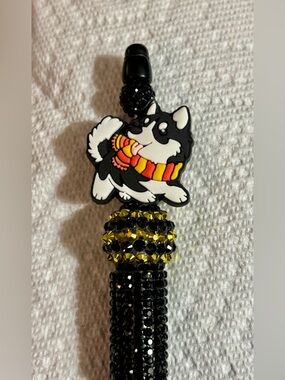 NIP Black Beaded Husky Pen with Yellow-Red Scarf Accent